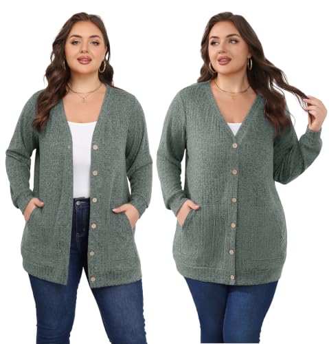 Lastshe Women Plus Size Cardigan Fall Thin Sweaters with Pockets 1X-5X - color: Blue Green, size: 3X