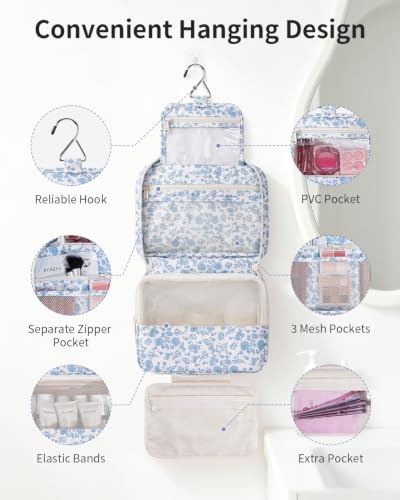 Narwey Hanging Travel Toiletry Bag for Women, Large Makeup Cosmetic Bag - color: C-Blue Flower