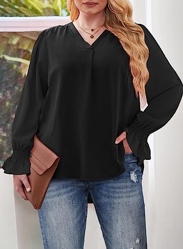 Eytino Women's Plus Size Long Sleeve Tops V Neck Chiffon Blouse - color: Black, size: 2X