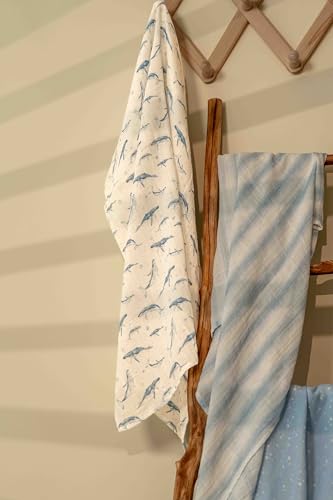 Muslin Swaddle Blankets for Newborn, Cotton Receiving Blanket - color: Blue Ocean Whale