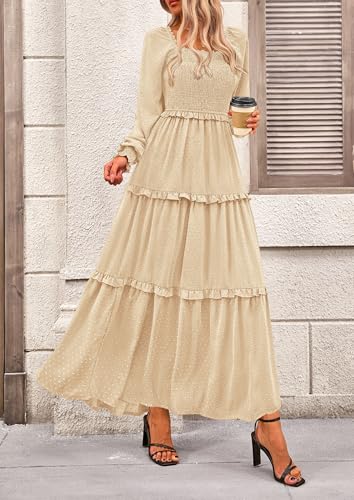 PRETTYGARDEN Women's Smocked Long Sleeve Maxi Dress Wedding Guest Dresses - color: Beige, size: Medium