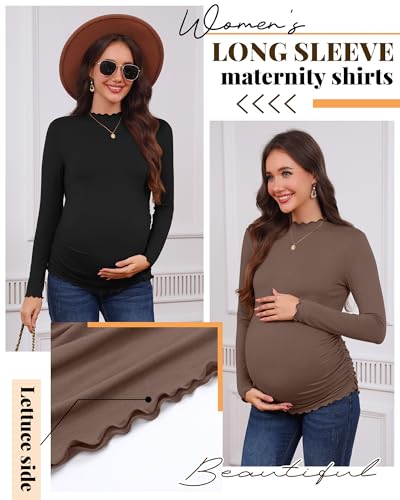 4 Pack Women Maternity Side Ruched Long Sleeve Shirts - color: Gray Green, Brown, White, Black, size: Large
