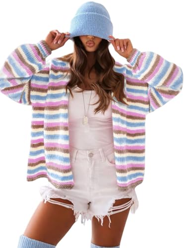 chouyatou Women's Fall Contrast Color Striped Cardigan Sweater Open Front Chunky Knit Cardigan Jacket - color: Pink, size: Medium