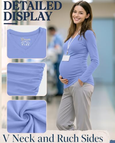 3 Pack Women Maternity Shirts Scrub Tops Side Ruched - color: Black, White, Sky Blue, size: Large