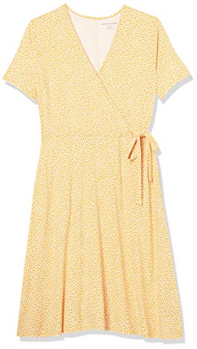Amazon Essentials Women's Short Sleeve V Neck Faux-Wrap Dress, Fitted - color: Yellow Mini Tulip, size: X-Large