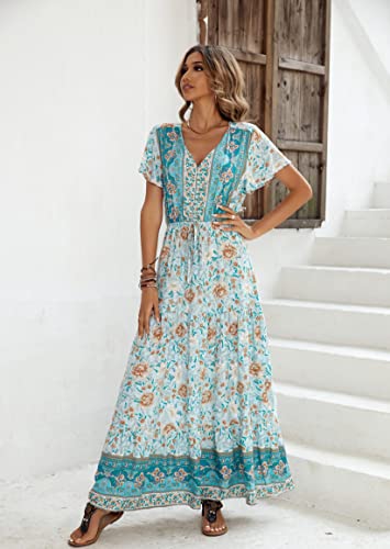 R.Vivimos Womens Summer Boho Floral Print V Neck Flowy Dress - color: Lightgreen, size: Large