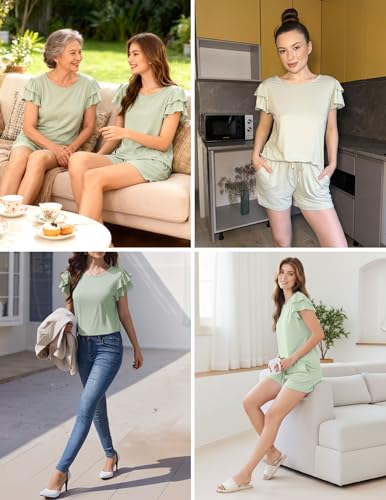 Ekouaer Womens Pajama Sets 2 Piece Ruffle Sleeves Top and Shorts Pjs - color: Sage Green, size: Small