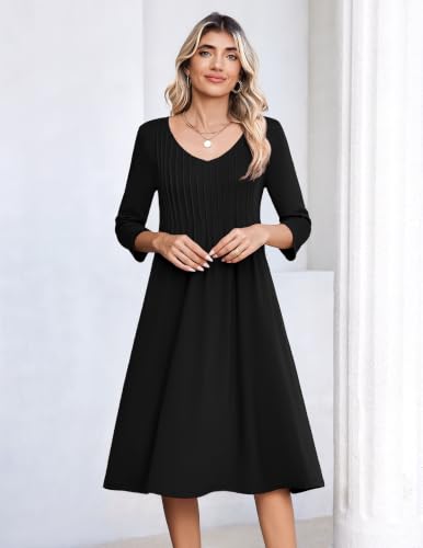 Zeagoo 3/4 Sleeve Women's Dress Pleated Midi Casual Dresses with Pockets - color: Black, size: Medium