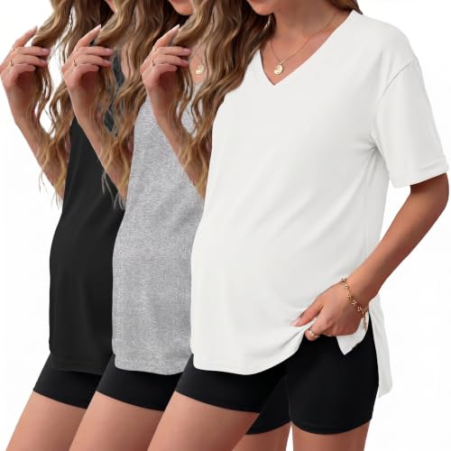 Ekouaer Maternity Shirts 3 Pack Oversized Pregnancy Tops Summer Clothes - color: 3 Pcs Black/ Light Grey/ White, size: Small