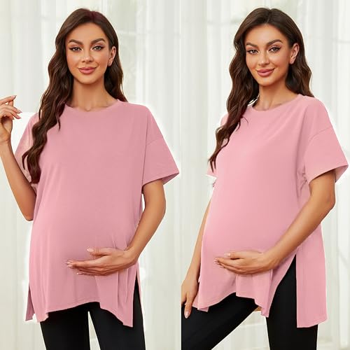 Ecavus Maternity Shirts Side Split Soft Cotton Loose Fit Pregnancy Tops - color: Black+white+pink, size: Small