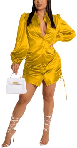 Women's Sexy Button Down Shirts Loose Collar Long Sleeve Ruched Silk Cloth Night Out Club Mini Wrap Dress Drawstring - color: Yellow, size: Medium
