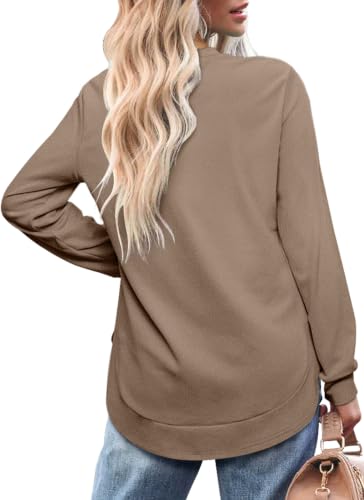 OFEEFAN Womens Sweatshirt Crewneck Long Sleeve Shirts High Low Tops Curved Hem - color: A-coffee, size: Small