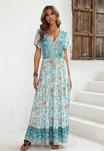 R.Vivimos Womens Summer Boho Floral Print V Neck Flowy Dress - color: Lightgreen, size: Large