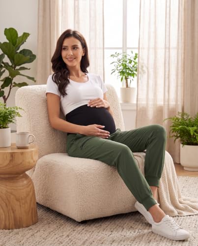 Foucome Women's Maternity Cargo Joggers with 4 Zipper Pockets - color: Army Green, size: X-Large
