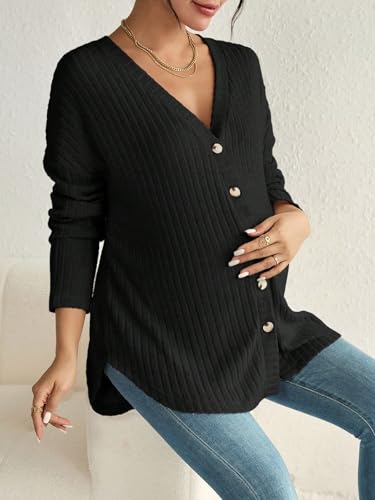 COZYEASE Women's Maternity Button Down Shirt Casual Cardigan Fall Sweaters - color: Dark Black, size: X-Large