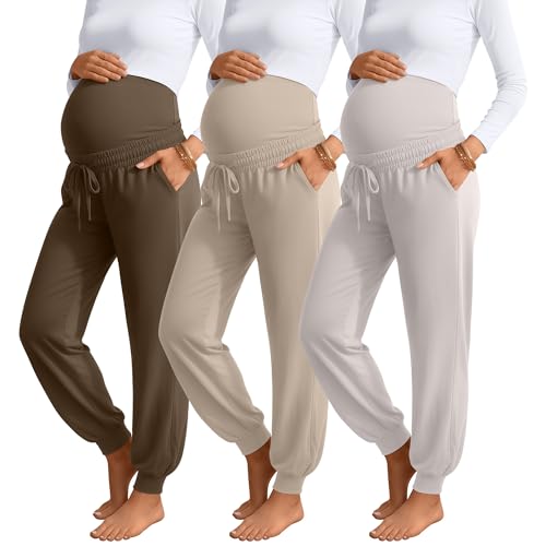 3 Pack Womens Maternity Pants Loose Pregnancy Joggers - color: Oatmeal Color, Apricot, Coffee, size: Medium