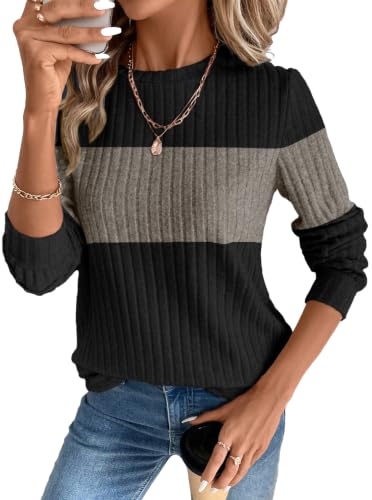 OFEEFAN Womens Sweaters Crew Neck Tunic Tops Long Sleeve Shirts Curved Hem - color: B-black Coffee, size: Large