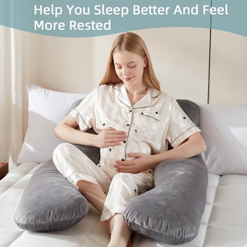 DOWNCOOL Pregnancy Pillow, U Shaped Body Pillow, Memory Foam Maternity Pillow, 55 Inch Grey Pillow with Removable Cover for Sleeping,Support for Back, Hips, Legs, Belly