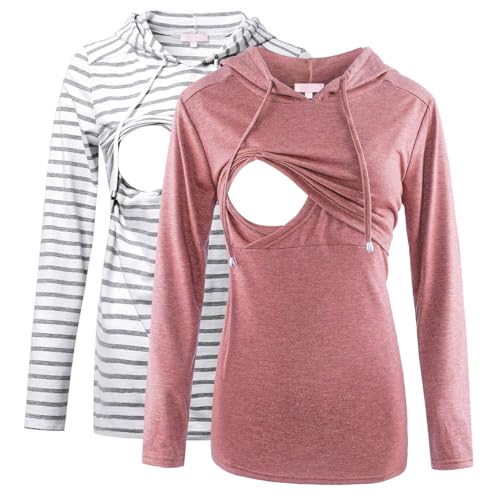Bhome Nursing Shirt Long Sleeves Hoodie Breastfeeding Top Sweatshirt - color: Grey Stripe/Rose Red, size: Large