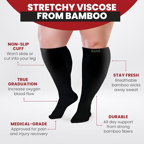 BAMS Plus Size Compression Socks Wide Calf XL XXL XXXL – Graduated Knee-High Support, Viscose from Bamboo Easy-On/Easy-Off - color: Black, size: 3X-Large