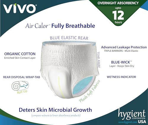 VIVO Organic Cotton Sensitive Skin Overnight Adult Incontinence Pullup Underwear, Women & Men, Medium 22 Count - size: Medium (22 ct), style: Pullup Underwear