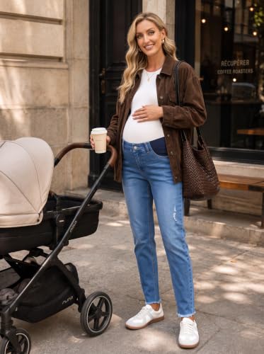 BLENCOT Womens Maternity Jeans High Waisted Pregnancy Denim Pants - color: Light Blue, size: X-Large