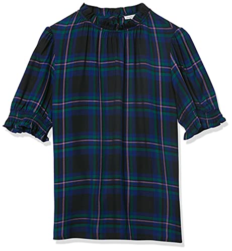 Amazon Essentials Women's Fluid Twill Short Puff Sleeve Ruffle Smock Detail Blouse - color: Black Multi Chelsea Tartan, size: X-Small