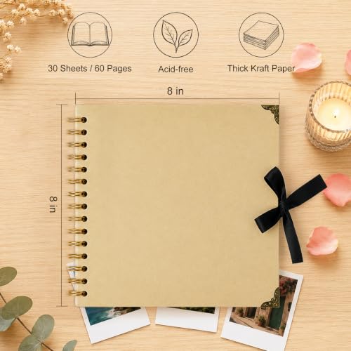 Scrapbook Photo Album 8"x8" 30 Sheets 60 Pages Kraft Paper Ribbon Closure - size: 8''x8''