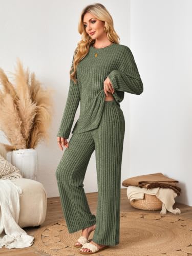 Kikibell Womens Sets 2 Piece Outfits Matching Lounge Set Cozy Knit Pajamas - color: Army Green, size: Medium
