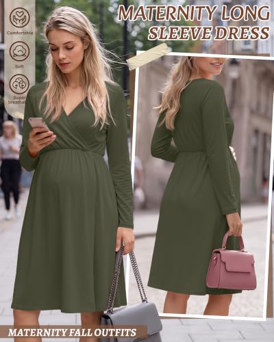 Locoowai Maternity Wrap Long Sleeve Dress V Neck Fall Dress - color: Army Green, size: Medium