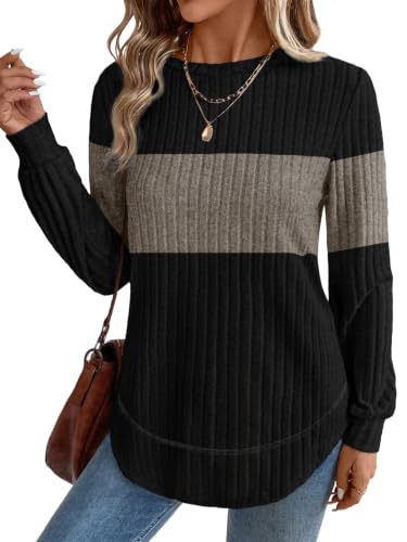 OFEEFAN Womens Sweaters Crew Neck Tunic Tops Long Sleeve Shirts Curved Hem - color: B-black Coffee, size: Large
