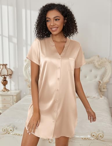 Ekouaer Women's Satin Nightshirt Button Down Sleepshirt Silk Nightgown - color: Champagne, size: Small