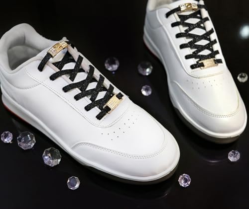 Elastic No Tie Shoe Laces with Bling Diamond Locks & Charms for Women's Sneakers - color: 02 Glitter Black- Gold