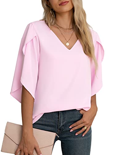 Jouica Women's 3/4 Ruffled Sleeve Blouses Summer Chiffon Casual Loose Tops - color: 01light Pink, size: Small