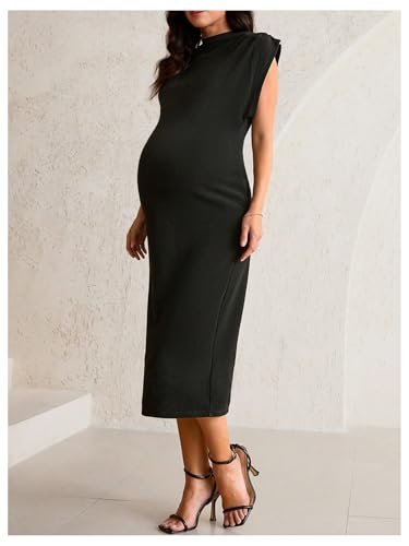 OYOANGLE Women's Maternity Cap Sleeve Pregnancy Bodycon Midi Dresses - color: Black, size: Small