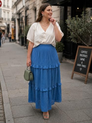 Womens Boho Maxi Skirt Long Flowy Skirt High Waisted Tiered Ruffle Skirt - color: Grey Blue, size: Small