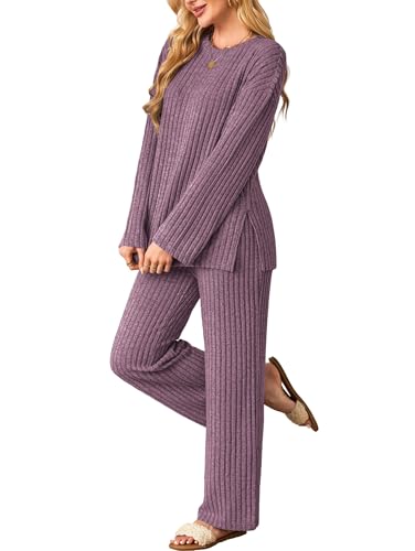Kikibell Womens Sets 2 Piece Outfits Matching Lounge Set Cozy Knit Pajamas - color: Purple, size: Medium