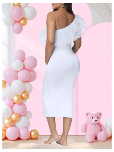 OYOANGLE Women's Maternity Ruffle One Shoulder Dress Bodycon Midi Dresses - color: White, size: Large