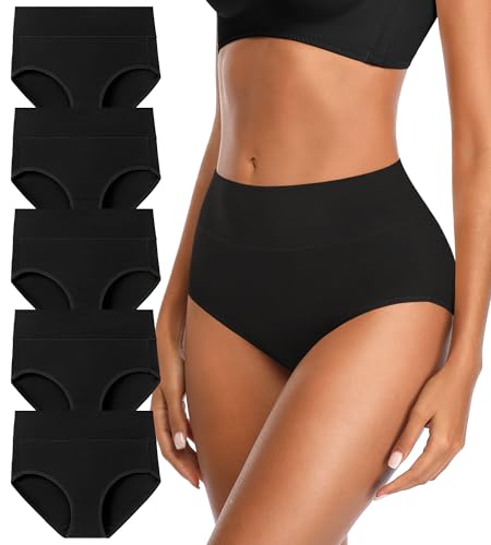 Womens Mid High Waisted Cotton Underwear Breathable Briefs Panties 5 Pack - color: Black-5 Pack-01-c, size: XX-Large
