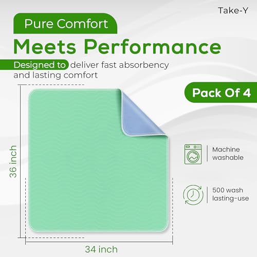 Take-Y Heavy Absorbency Washable Underpads 34"x36" (4 Pack) – Waterproof Quick Drying Reusable Incontinence Pads for Adults, Kids, Elderly, Pets, Dogs, Bedwetting, Nursing, Sofa, Bed