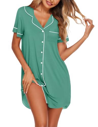 Ekouaer Nightgowns for Women Bamboo Viscose Button Down Sleepshirts - color: Green, size: Small