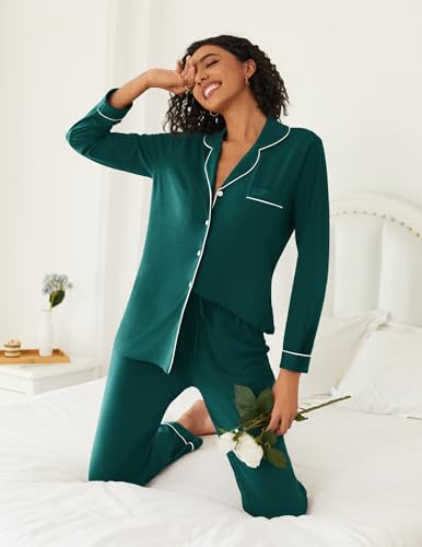 Ekouaer Womens Pajamas Set Button Down Long Sleeve Top & Pants Lounge Sets - color: Blue Green, size: Large