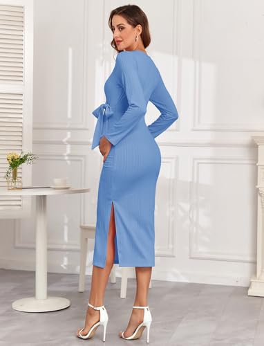 2025 Fall Rib Knit Maternity Nursing Dress Knot Side Long Sleeve V Neck Bodycon Wrap Pregnancy Split Dresses - color: Sky Blue, size: Medium