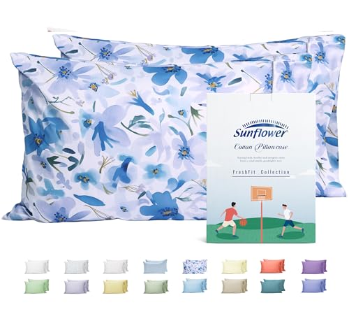 Sunflower Queen Pillowcases Set of 2, 100% Cotton Pillow Cases, Blue Bloom - color: Blue Bloom, size: Queen (20"x30")
