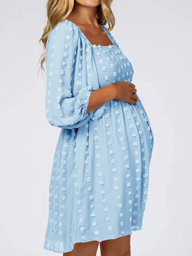 Women's Long Sleeve Maternity Dress Square Neck Swiss Dot Casual Loose Short Dresses - color: Light Blue, size: Medium