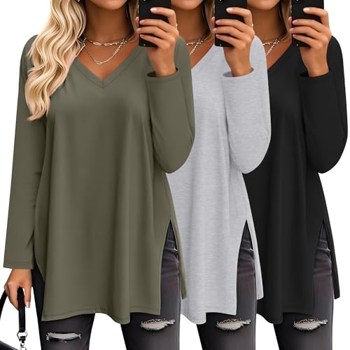 Huukeay 3 Pack Women's Oversized Long Sleeve V Neck Shirts - color: Black, Gray, Army Green, size: Medium