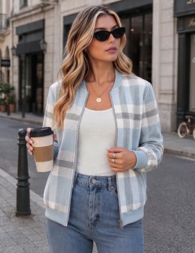 Zeagoo Jackets for Women 2026 Lightweight Bomber Jacket Plaid Flannel Coat - color: Blue Plaid- Gw570, size: Small