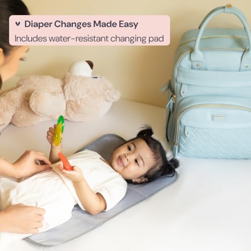 BabbleRoo Leather Diaper Bag Backpack - Baby Essentials Travel Baby Bag, Multi function, Water Resistant, with Changing Pad, Stroller Straps & Pacifier Case – Unisex, Powder Blue - color: Vegan Leather Powder Blue, size: Large
