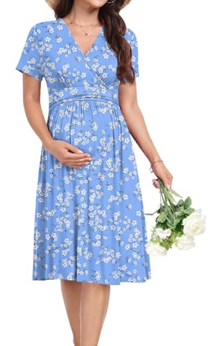 Maternity Dress Summer Wrap Baby Shower Pregnancy Nursing - color: Blue White Floret, size: Medium