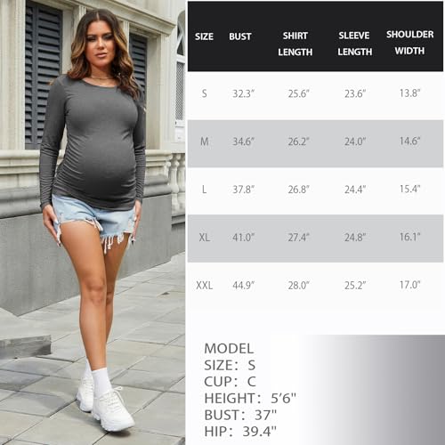 Maternity Shirt Long Sleeve Basic Top Ruch Sides Bodycon Tshirt for Pregnant Women - color: Black/Charcoal Gray, size: Large